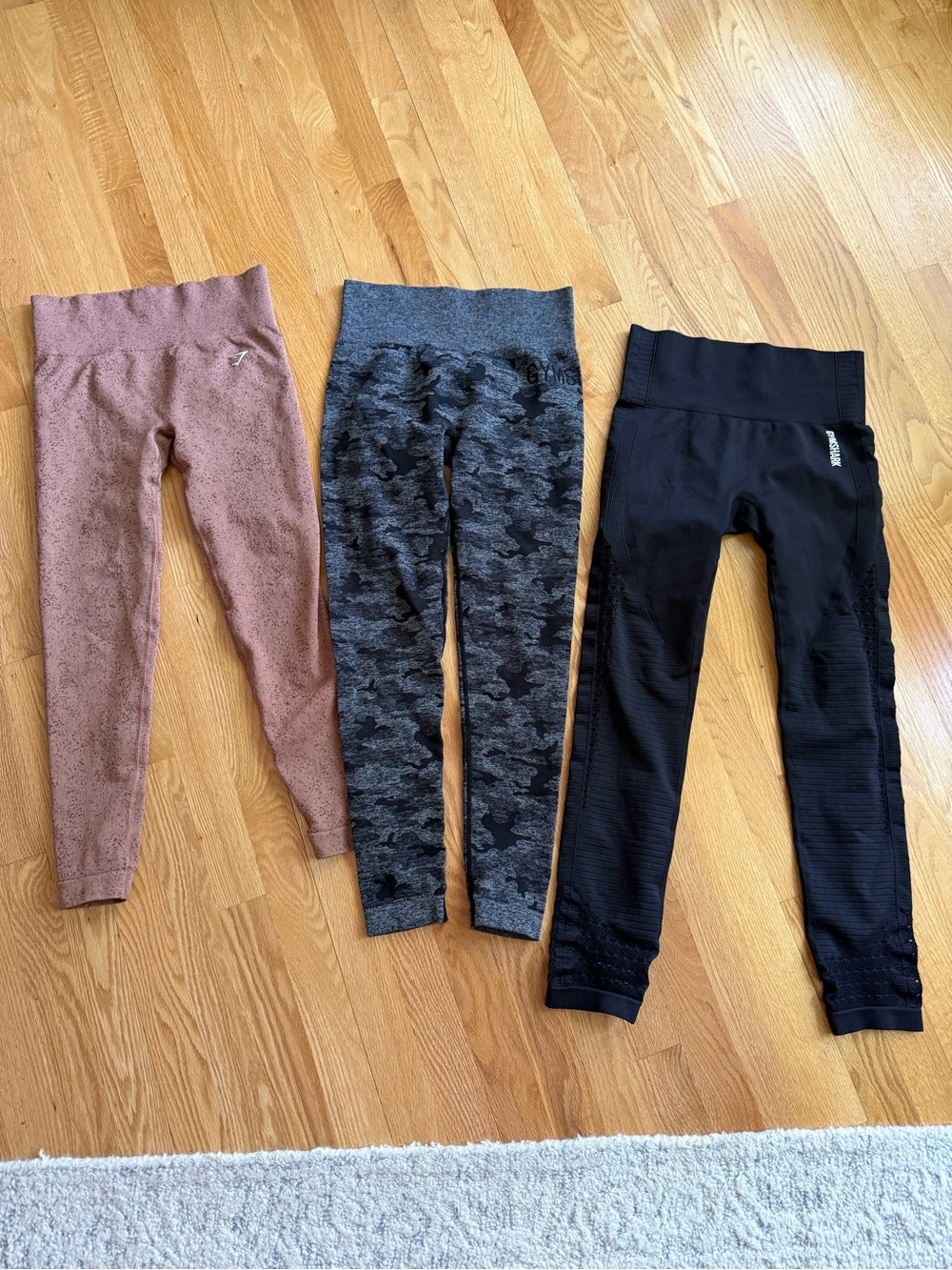 Gymshark Women's Seamless Leggings Trio Medium- Dusty Pink, Gray Camo, Black